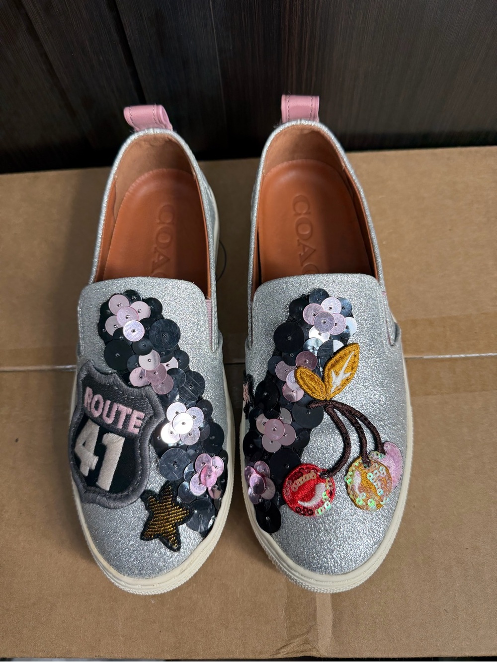 Coach Silver Sequin Cherry Patch Slip-On Sneakers with Pink Accents